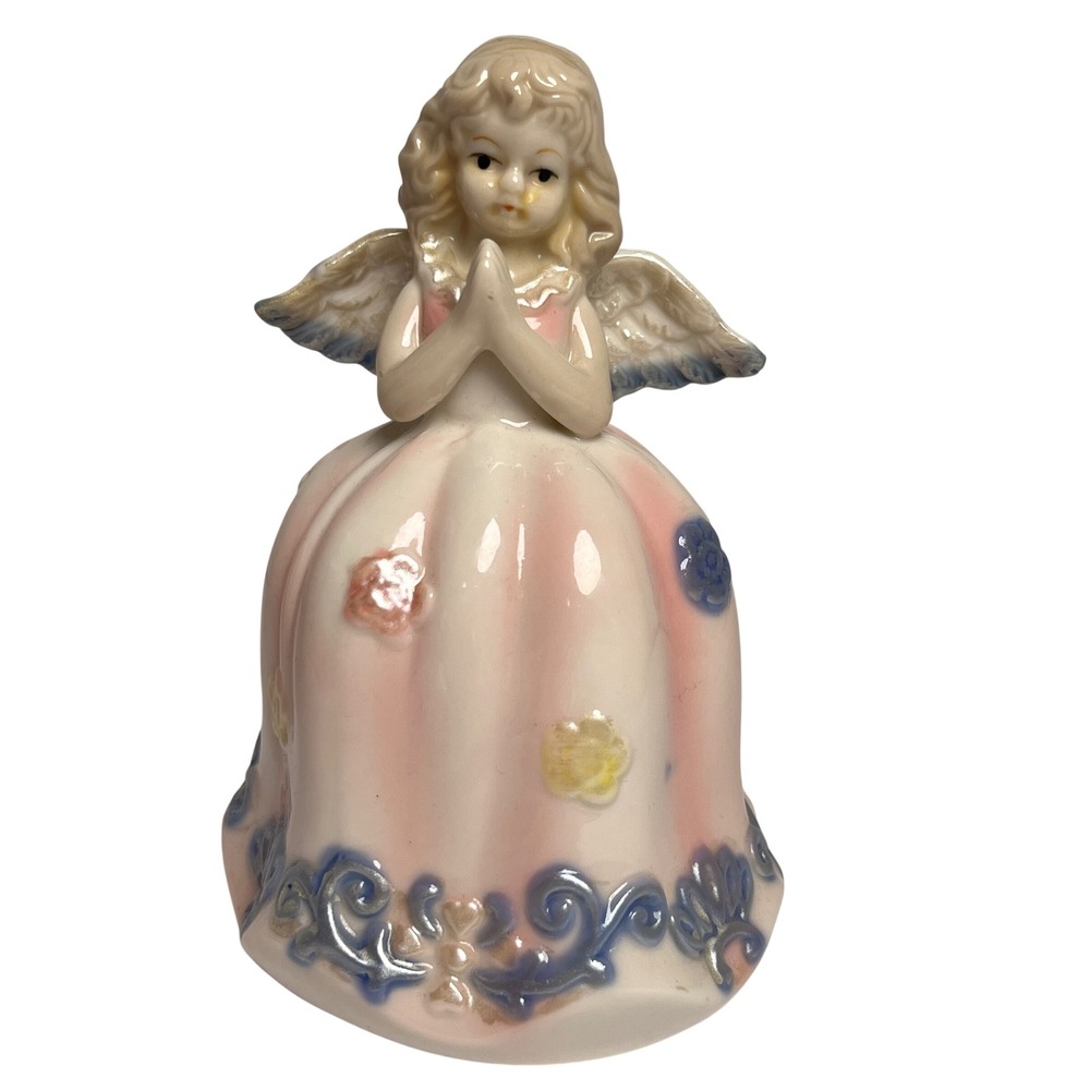 Vintage Porcelain Praying Angel‎ Bell Iridescent Pastel Floral Figurine Cottage